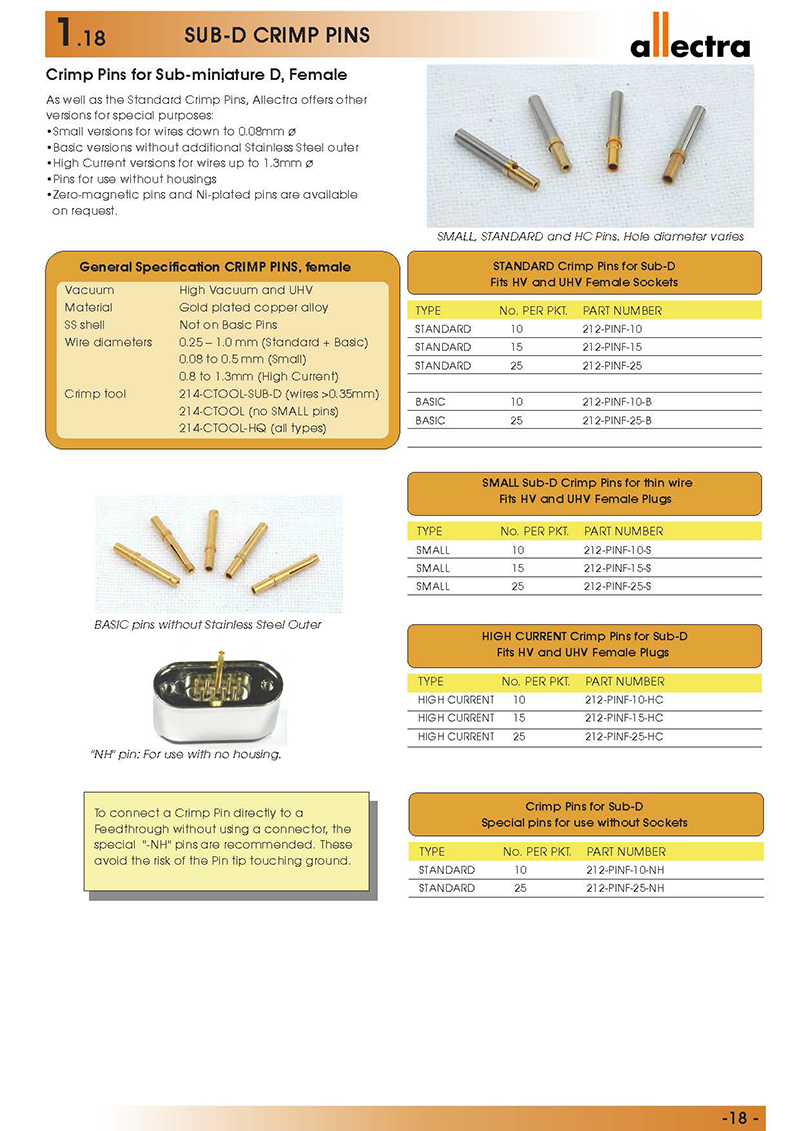 Allectra Sub-D/D-Sub母頭插針Crimp Pins