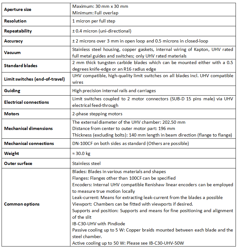 超高真空狹縫 IB-C30-UHV技術參數