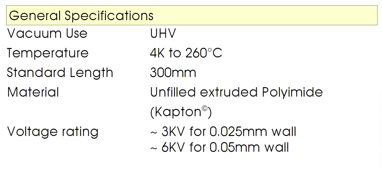 Kapton絕緣管的基本技術參數